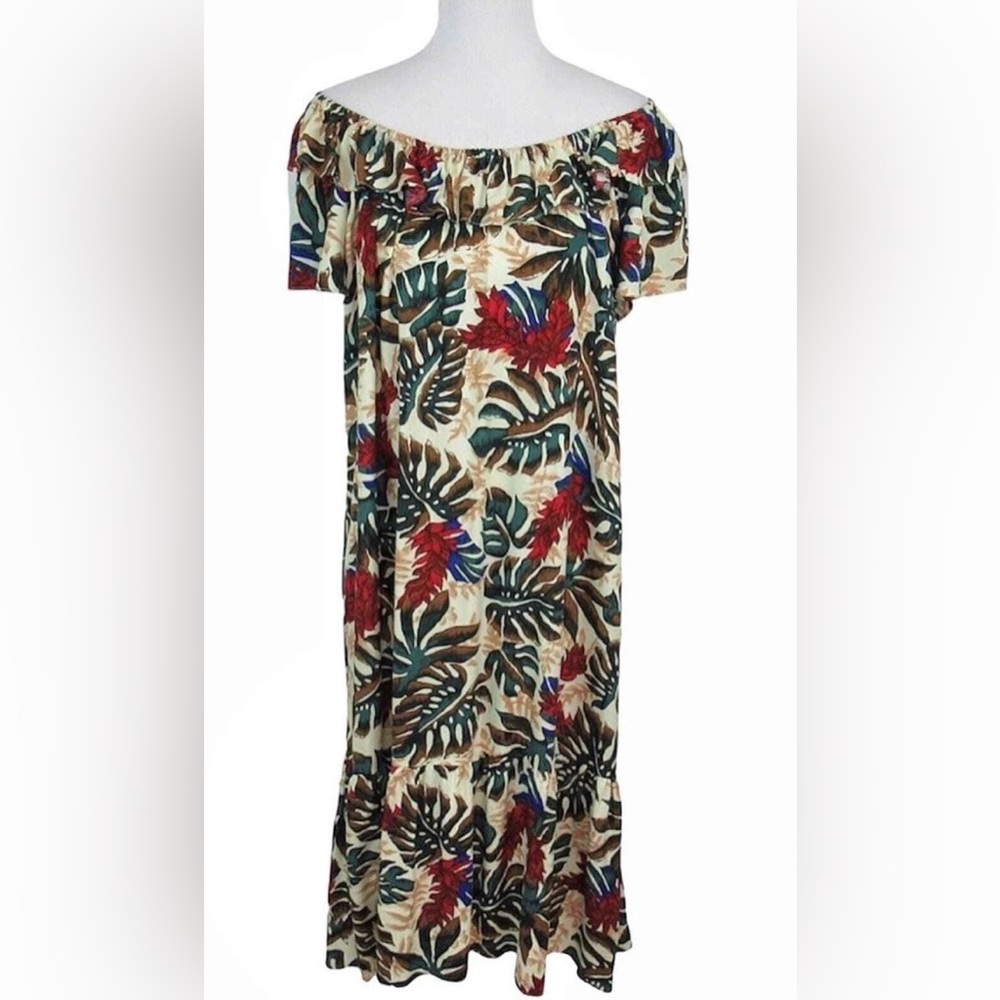Hilo Hattie Off-Shoulder Tropical Leaf Print Dress - XL - Made in Hawaii, EUC